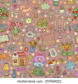 Home sweet home. Seamless vector pattern with home interior doodles. Beautiful vector design.