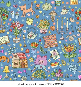 Home sweet home. Seamless vector pattern with home interior doodles. Beautiful vector design.