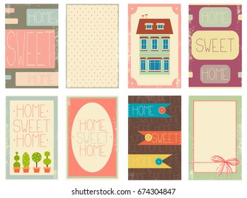 Home sweet home. Set of banner, background, flyer, placard with cute house, flower pot with plant, button, dots pattern. Vector template card for scrapbooking design, greeting, decoration, invitation
