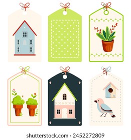 Hogar, dulce hogar. Conjunto de etiqueta linda en estilo retro. Colección de etiqueta vintage con casa de madera de juguete, pájaro, planta en olla de arcilla. Seguro de vivienda, hipoteca, compra y alquiler concepto. Ilustración vectorial EPS8