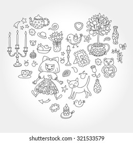 Home sweet home. Set of hand drawn vector home interior doodles. Black and white colors.