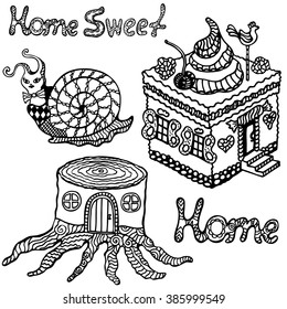 Home sweet home. Set of zentangles. Black and white hand drawn vector ink sketches of snail, trump, house cake. Coloring book for adult.