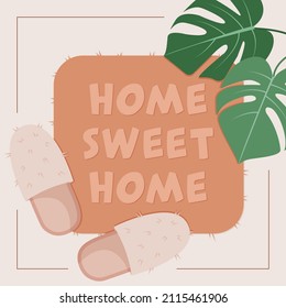 Home Sweet Home. Home Slippers On Doormat In Front Of The Door And Monstera Leaves. Real Estate Agency Concept.