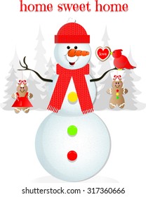 "Home Sweet Home" Snowman with Cardinal in Snowy Scene