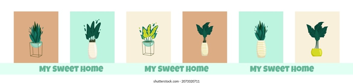 Home sweet home text Postcard Set , Lush tropical leaves and green foliage. Vector print design.