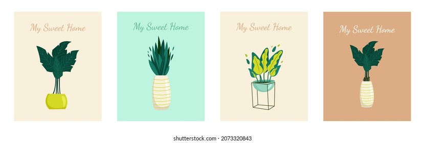 Home sweet home text Postcard Set , Lush tropical leaves and green foliage. Vector print design.