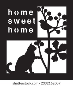 
HOME SWEET HOME text quote with cat and foliage silhouette ornament in window frame template laser cutting paper cutout