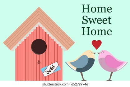 Home Sweet Home with two love birds vector illustration