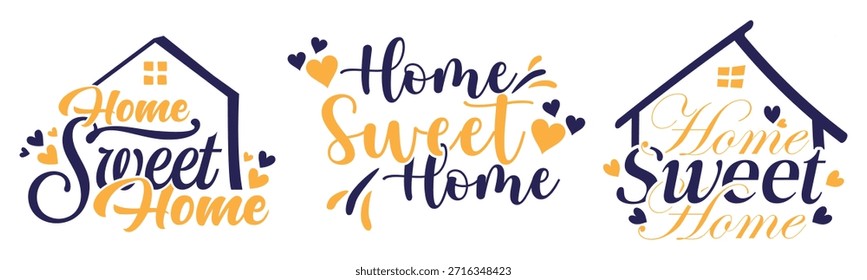 Home sweet home typography designs conjunto de Vectores con Formas de la casa y Elementos de corazón adecuados para tarjetas de felicitación, regalos de inauguración de la casa, decoración de la pared, señalización imprimible y diseños creativos temáticos para el hogar