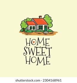 Home Sweet Home Typography poster with illustration of a beautiful house and surroundings.