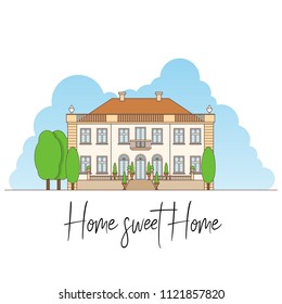 Home sweet home! Vector colorful isolated illustration with sky on white background