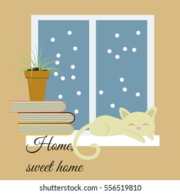 Home, sweet home vector drawn card. Funny illustration.