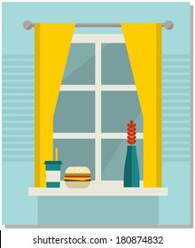 Home, sweet home. Vector illustration with window view and food.