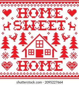 Home sweet home vector red cross-stitch winter or Christmas seamless pattern - Scandinavian design with home, trees, birds and dogs. Nordic pixelated background with house and hearts in the forest