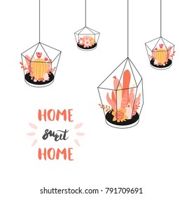 Home, sweet, home. Vector set with cute cactuses and succulents in terrariums. Illustration with home plants in scandinavian style.