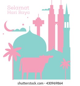 Home sweet home/ village hari raya greeting with malay word selamat hari raya that translates to wishing you a joyous hari raya /template /vector and let's go home /illustration