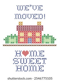 Home Sweet Home, Nós movemos! convite anúncio, projeto de agulha de ponto transversal retro com um grande coração vermelho, casa de agulha em gráfico paisagem, isolado no fundo branco. 