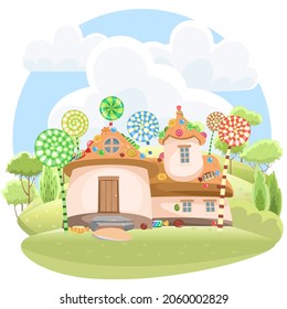 Home of sweety. Sweet caramel fairy house. Illustration in cartoon style flat design. Summer cute landscape. Picture for children isolated on white background.. Vector.