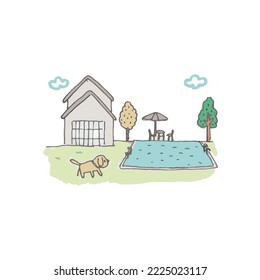 Home with swimming pool and dog area, freehand drawn style, white background