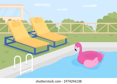 Home swimming pool flat color vector illustration. Water playground. Inflatable pool float for children. Swimming, leisure activities 2D cartoon backyard with green landscape on background