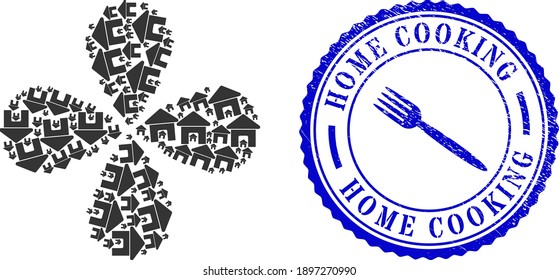 Home swirl flower with four petals, and blue round HOME COOKING unclean stamp imitation with icon inside. Object twist combined from oriented home symbols. Vector flower collage in flat style.