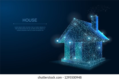 Home symbol. 
3D Polygonal wireframe mesh icon with crumbled edge on dark background. Dotted Lights.
Dream house, home page vector illustration