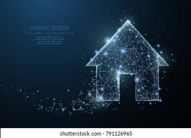 Home Symbol. Polygonal Wireframe Mesh Icon With Crumbled Edge On Blue Night Sky With Dots, Stars And Looks Like Constellation. Dream House, Home Page Or Other Concept Illustration Or Background
