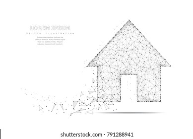 Home symbol. Polygonal wireframe mesh icon with crumbled edge isolated on white with dots. Dream house, home page or other concept illustration or background