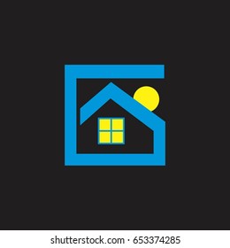 home symbol in square shape design logo. house  with moon symbol.