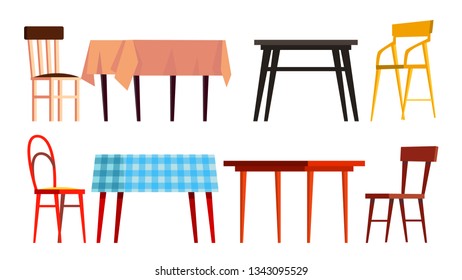 Vector de conjunto de iconos de la mesa principal. Mobiliario De Cena De Madera. Ilustración de dibujos planos aislados