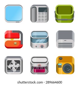 Home table electronics glossy app dashboard icon vector set. Stylish modern mobile web application icons collection. TV telephone bucket lamp food processor mincer blender fan camera air conditioner.