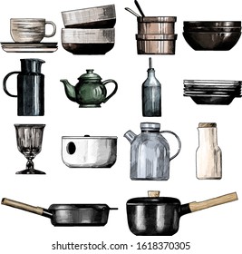 home tableware set, sketch vector graphics color illustration on white background