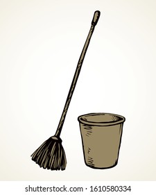 Home tare keg trashcan tube on white label text space. Outline black ink hand drawn take away fast food cafe cold mocha latte takeout packing mug object logo pictogram. Retro art doodle mop work style