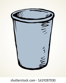 Home tare keg trashcan tube on white label text space. Outline black ink hand drawn take away fast food cafe cold mocha latte takeout packing mug object logo pictogram. Retro art doodle mop work style