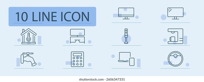Home tech set icon. Thermometer, screen, blender, coffee machine, tap, calculator, laptop, mobile, robot vacuum, temperature, heating, automation, control, beverage, kitchen, cleaning