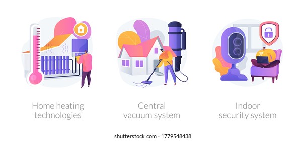 Home technologies abstract concept vector illustration set. Home heating, central vacuum system, indoor security, smart house appliance automation, mobile application, household abstract metaphor.