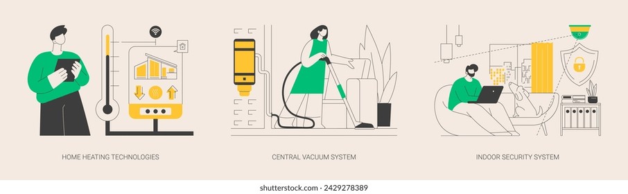 Home technologies abstract concept vector illustration set. Home heating, central vacuum system, indoor security, smart house appliance automation, mobile application, household abstract metaphor.