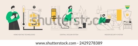 Home technologies abstract concept vector illustration set. Home heating, central vacuum system, indoor security, smart house appliance automation, mobile application, household abstract metaphor.