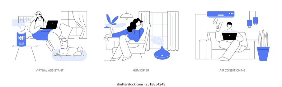 Home technology isolated cartoon vector illustrations set. Person gives voice command to home virtual assistant, humidifier in apartment, turning on air conditioning vector cartoon.