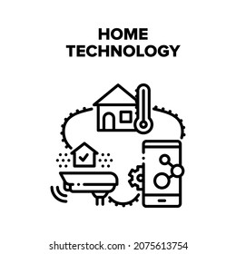 Concepto de icono del vector de tecnología residencial El Clima De Control De Tecnología Hogar Inteligente En El Sistema Domiciliario Y De Seguridad Se Conecta Con La Aplicación Smartphone. Dispositivo De Vigilancia De Cámara Cctv Ilustración Negra