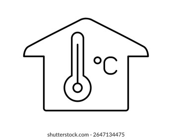 Home Temperature Thermometer Line Icon. House with a thermometer and Celsius symbol. Represents indoor temperature, heating, cooling, climate control, HVAC, energy efficiency, smart home systems.