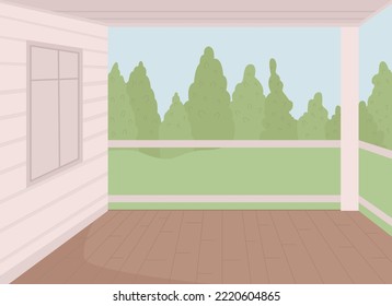 Ilustración vectorial de color plano de la terraza del hogar. Veranda de madera. Casa acogedora. Diseño exterior. Inmobiliaria. Panorama de dibujos animados 2D totalmente editable con vista de bosques de verano sobre el fondo