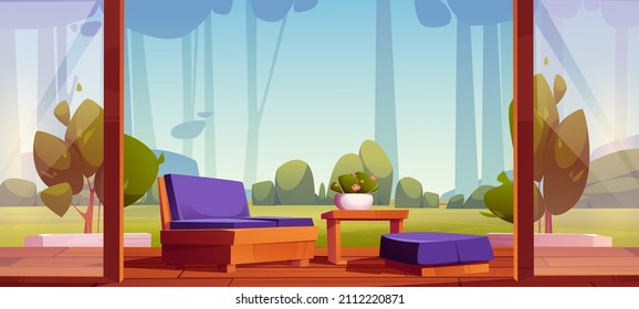 Home terrace with forest view, cozy sofa and ottoman stand on patio wooden floor with scenery nature landscape background with trees. Villa or hotel outdoor area for relax, Cartoon vector illustration