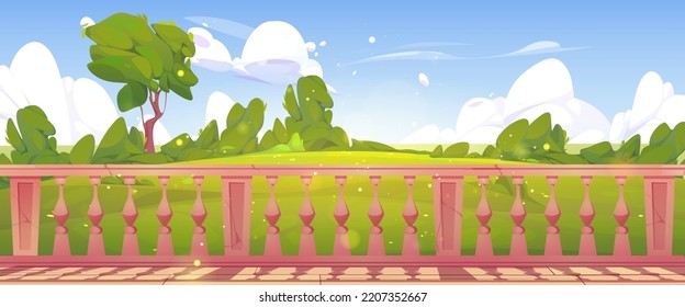 Home terrace with marble baluster and nature landscape view. Patio or veranda with railings or fence at scenery background with tree on green field. Villa, cottage or hotel Cartoon vector illustration