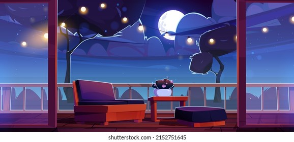 Home Terrace At Night, Hotel Or Cafe Outdoor Patio With Furniture, Light Garland And Dark Garden With Trees Under Full Moon At Starry Sky. Cartoon Background With Wooden Veranda, Vector Illustration