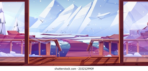 Home terrace view on wooden bridge or pier in sea at mountain winter landscape with rock white peaks, falling snow and spruces. Outdoor hotel or cottage veranda with porch, Cartoon vector illustration