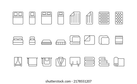 Home textile and bedroom line icon set. Single and double bed, cushion, blanket, pillow, mattress, linen, towel, curtain, tablecloth, carpet, accessories. Interior, house fabric. Vector outline sign