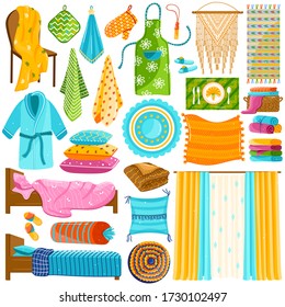 Home textile collection, set of domestic cloths isolated on white, household fabric collection, vector illustration. Colorful textile in cartoon style, bed linen, towel, cushions and curtains for home