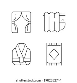 Home textile items linear icons set. Window blinds. Bathroom curtain. Bath robes. Floor carpet. Customizable thin line contour symbols. Isolated vector outline illustrations. Editable stroke