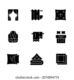 Home textile products black glyph icons set on white space. Window blinds. Shower curtains. Pillow case. Bath robe. Household, domestic material item. Silhouette symbols. Vector isolated illustration